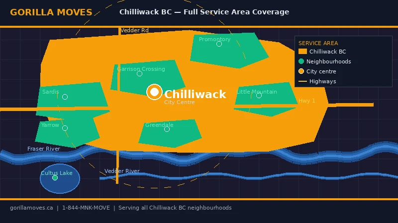 Map showing Gorilla Moves service area across Chilliwack BC including Sardis, Promontory, and Cultus Lake