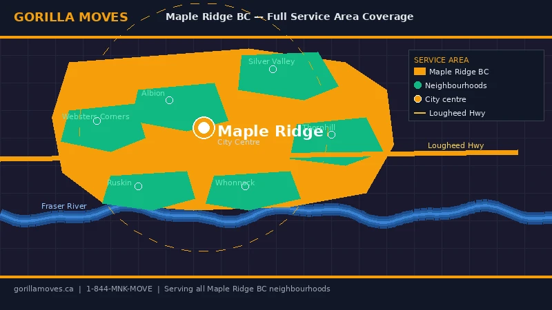 Map showing Gorilla Moves service area across Maple Ridge BC including Silver Valley, Albion, and Thornhill